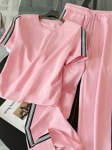 Resyla Conjunto de camiseta de mujer de cuello redondo de punto a rayas, estilo minimalista de moda, regalo para amigos - Rosa vieja - Ver 3