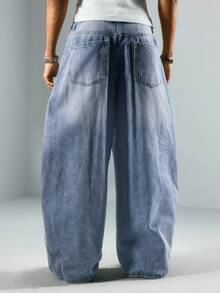 ROMWE MEN Street Life Quần jeans ống rộng nam, có túi, cài nút và đính đá, kiểu dáng thường ngày, đa năng. - Màu xanh nhạt - Xem 10