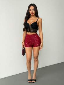 SHEIN PETITE Women's Shiny Sequin Tight Shorts, Suitable For Party Occasions Bling Shorts Sequin Shorts Red Shorts Sparkly Shorts Rhinestone Shorts Glitter Shorts ,Petite Women - Red Violet - View 6