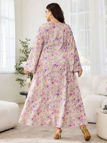 Al Najma Bata con cuello en V, adorno de encaje, cintura con lazo lateral y mangas acampanadas, para primavera/verano - Multicolor - Ver 3