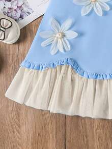 SHEIN Elladie kids Young Girl 3D Pearl Flower Mesh Asymmetrical Hem Elegant Dress, Spring/Summer - Blue - View 8