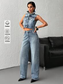 SHEIN 100% Cotton Women's Denim Two Pieces Outfits Vest& Pants - Medium Wash - View 2