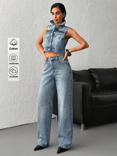 SHEIN 100% Cotton Women's Denim Two Pieces Outfits Vest& Pants