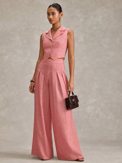 RueChic Women, Spring, Summer, Pink Two Pieces Set, Rose Crop Vest And Wide-Leg Pants, Sleeveless Buttoned Vest, High-Waist Pleated Wide-Leg Trousers, Linen-Look Summer Co-Ord, Matching Pink Co-Ord Set, Crop Vest With Gold Buttons, Breathable Summer Separates, Feminine Pink Separates, Resort-Ready Pink Outfit, Casual Chic Two Pieces, Vacation-To-Evening Ensemble, Capsule Wardrobe Pink Set, Tailored Sleeveless Vest