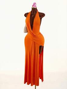 Amplova Women's Halter Neck Backless Dress, Sexy & Avant-Garde, Suitable For Dates & Parties, Draped Design - Baby Blue - View 10