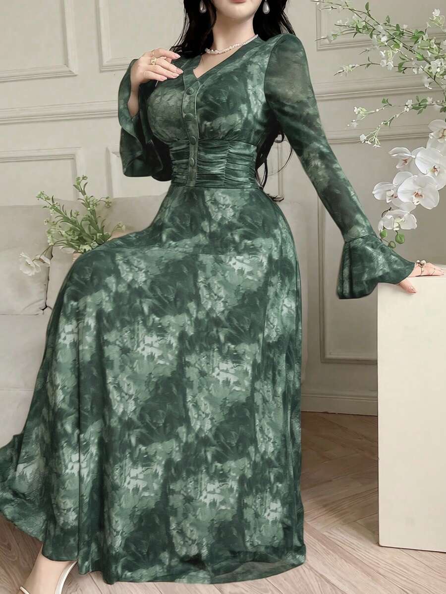 Feyla 女士V领喇叭袖修身腰部印花优雅连衣裙 - 綠松石色 - 查看 1