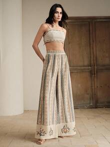 Anewsta 优雅沙滩度假风复古印花拼接弹力腰阔腿裤，女士春夏款 - 彩色 - 查看 5