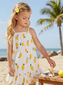 SHEIN Playful Pals Young Girl' Summer Woven Digital Print Dress With Ruffle Hem Spaghetti Strap Off Shoulder Lightweight Mid-Length Dress, Suitable For Daily Wear, Outings, Travel, Vacation, And Gatherings In Summer - Yellow - View 1