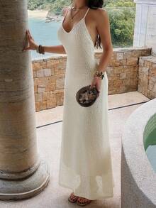 Pariaura Women's Elegant And Casual Apricot V-Neck Sexy Backless Halter Loose Maxi Beach Vacation Dress - Apricot - View 7