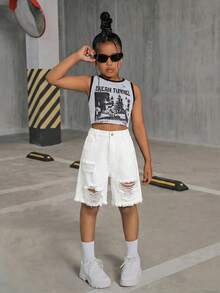 Tween Girl Y2K Fashionable Vintage Washed High Waist Ripped Baggy Raw Hem White Denim Long Shorts,For Sport Outdoor,Suitable For Spring And Summer Boho Bermuda Short,Season Vintage/Beach/Sea/Elegant Graduation,Casual,Summer Holiday,Spring,Beach,Vacation,Valentine's Day,Summer Holiday,Beach Vacation Holiday,Girls Summer White Short - White - View 3