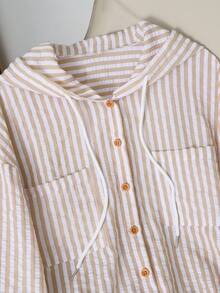 Resyla New Blue Striped Loose Hooded Shirt, Sun Protection - Khaki - View 3