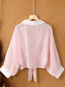 Resyla Áo cardigan tay cánh dơi ngắn, kiểu dáng thường ngày, chất liệu chiffon, màu trơn, dành cho nữ. - Hồng - Xem 2