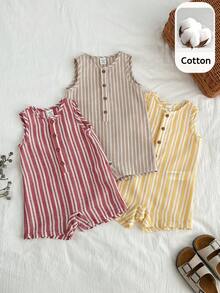 SHEIN 3pcs/Set Newborn Unisex Baby Casual Striped Sleeveless Romper, Summer Basic Bodysuit Set - Multicolor - View 8