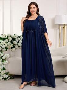 Reflora 大码闪亮优雅短袖连衣裙 - 藍色 - 查看 6