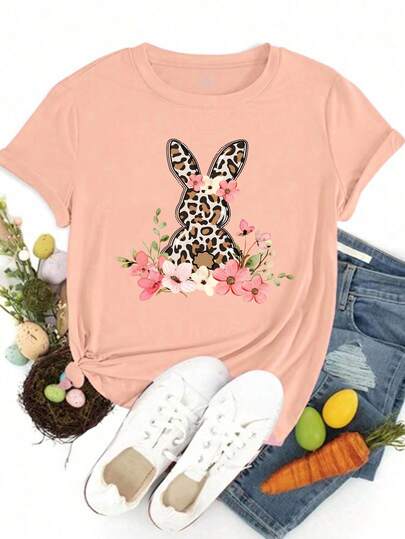 EMERY ROSE Plus Size Women's Floral Leopard Bunny T-Shirt, Bunny T-Shirt, Cute Easter Bunny T-Shirt, Happy Easter, T-Shirt With Bunnies, Easter Gift, Happy Easter T-Shirt