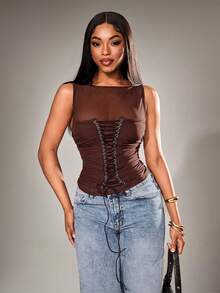 Radiana Damen sexy, markantes braunes transparentes Mesh-Patchwork-Top mit Metallösen und Schnürung, figurbetontes Top, Lässig Top, sexy Top, geeignet für täglichen Ausgang, Nacht, Date, Party, Club, Cocktail, Musikfestival, Konzert, Mehrschichtiges Top - Braun - Übersicht 6