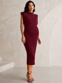 MaterniWear 孕妇纯色无袖优雅立领时尚连衣裙 - 玫瑰紅 - 查看 3