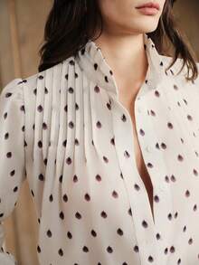 Anewsta 优雅高端时尚褶皱随机印花立领宽松女式长袖衬衫 女士衬衫 夏季衬衫 女士纽扣衬衫 波点衬衫 女式衬衫 - 米色 - 查看 1