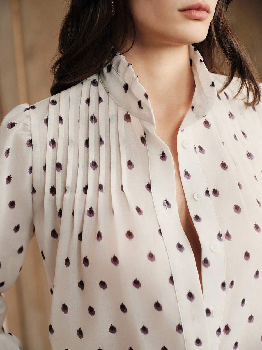 Anewsta 优雅高端时尚褶皱随机印花立领宽松女式长袖衬衫 女士衬衫 夏季衬衫 女士纽扣衬衫 波点衬衫 女式衬衫 - 米色 - 查看 1