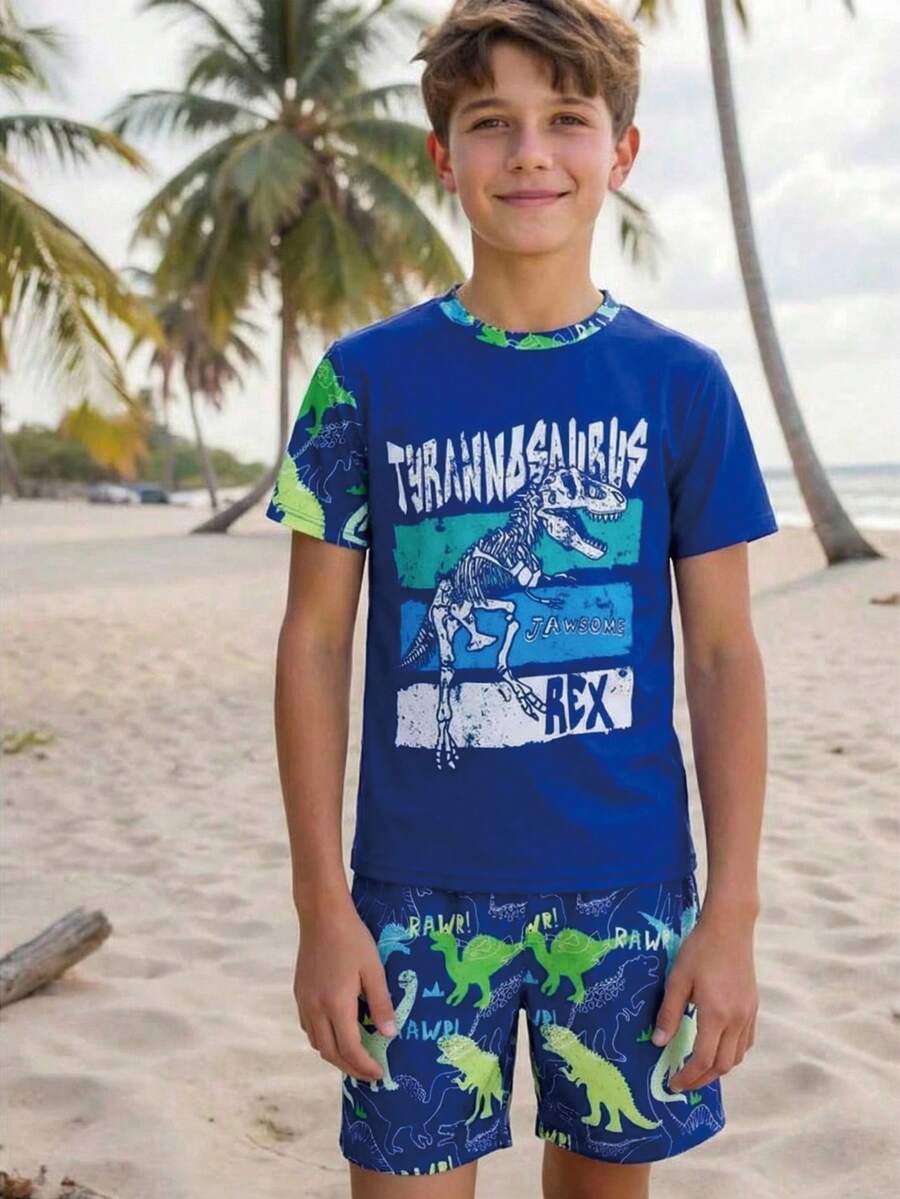 青少年男孩夏季海滩度假恐龙骨架字母印花短袖上衣和短裤泳衣套装 - 彩色 - 查看 1