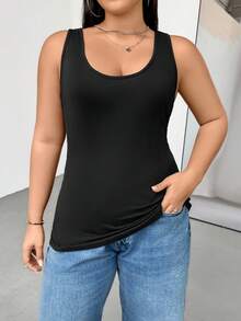 SHEIN Essnce 大码女装春夏时尚休闲舒适基础款日常百搭修身高弹黑色长款背心3件装，女士夏季穿搭，曲线上衣，外出上衣，欧洲夏季，简约风格 - 彩色 - 查看 2