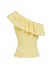 GlowEve New Waist-Cinching Textured Asymmetric Shoulder Ruffle Cream Yellow Summer Sweet Versatile Gentle Mature Commute Casual Blouse For Women - Yellow - View 2