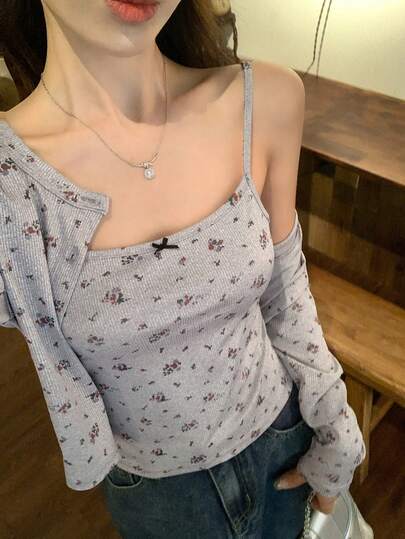 FRIFUL 两件套 女士碎花吊带背心和长袖上衣