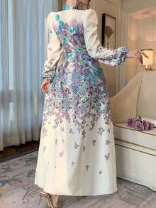 DAZY Women's V-Neck Printed Waist Cinched Long Sleeve Colorful Dress Sundress Boho Vacation Outfits Women - Multicolor - View 4