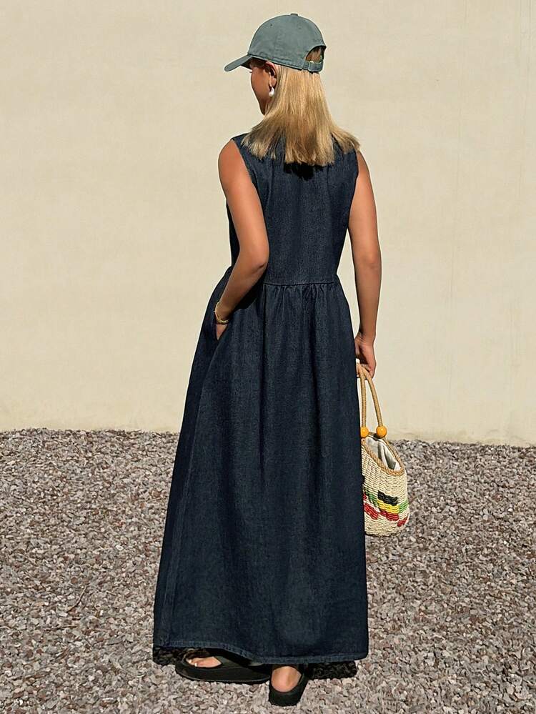 Loose Denim Artistic Sleeveless Shirt Dress For Women