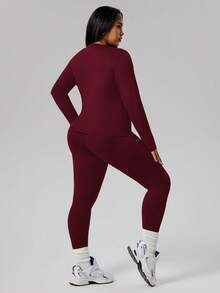 SHEIN Sports 大码女士抓绒保暖内衣套装，舒适打底衫，户外冬季滑雪保暖紧身裤，长袖圆领上衣和裤子套装，瑜伽服 - 酒紅色 - 查看 3