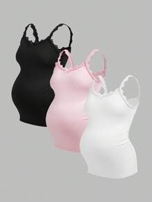 Modmama Maternity Solid Color Contrast Lace Bow Decor Camisole White Summer - Multicolor - View 3