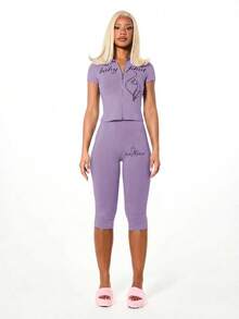 BABYPHAT Women's Purple Lavender Basic Jersey Capri Leggings With Script Text Print Comfortable Mid Length Casual Bottoms - Lilac Purple - View 3