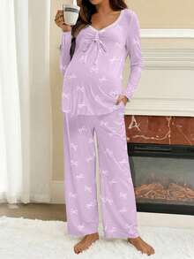SHEIN 2pcs Maternity Bow Print Long Sleeve Top And Pants Set - Mauve Purple - View 3