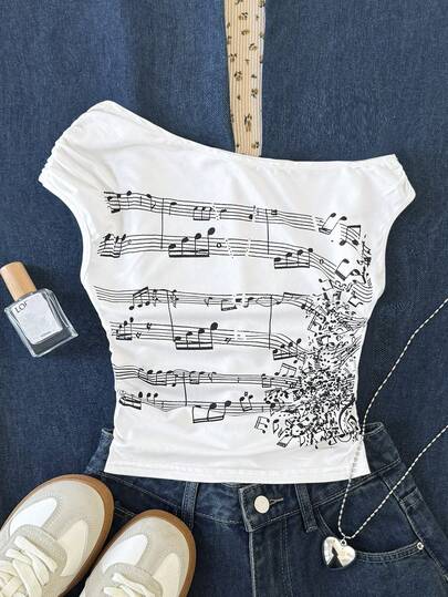 SHEIN Tween Girl Casual Printed Asymmetric Shoulder Top