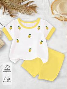 Bộ đồ 2 món mùa xuân và hè cho bé gái, áo thun và quần short in họa tiết màu vàng chanh và trắng tương phản, thoải mái để mặc hàng ngày. - Nhiều màu - Xem 4