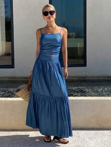 Livesso Casual Denim Camisole Top And Maxi Skirt Set For Women - Medium Wash - View 3