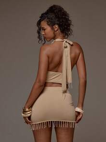 MUSERA Slinky Cowl Fitted Crop Top And Beaded Mini Skirt Set Co-Ord Spring Summer Holiday Vacation Beach Ibiza Festival Party Elegant Divinity - Khaki - View 2