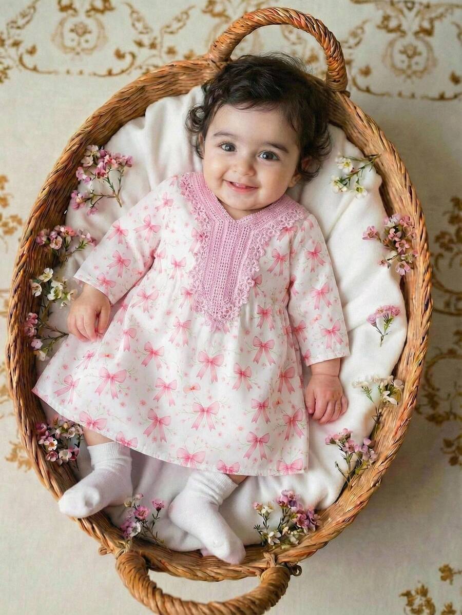 1 pieza Vestido blanco tejido para niñas con patrón de lazo rosa, vestido recto de manga larga y cuello en V, adecuado para festivales tradicionales de Oriente Medio - Rosa - Ver 1