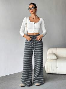 SHEIN Tall 女款舒適休閒簡約低腰抽繩寬腿條紋長褲套裝，舒適居家褲套裝，適合高個女性 - 灰色 - 查看 6