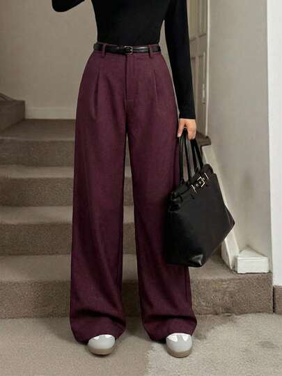 SHEIN Tall Teacher Outfits Women Gray Fold Pleated Elegant Trousers With Pockets, Autumn/Winter Grey Pants High Waisted Pants Wide Leg Pants Loose Pants Oversized Pants Grey Pants Business Professional Women Baggy Pants Wide Leg Women Pants Fall Women Clothes Winter Clothes Women Going Out Bottoms