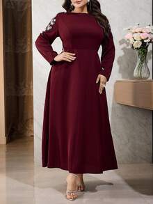 Modelyn Plus Size Pearl Decor Elegant Long Sleeve Dress Fall - Burgundy - View 6