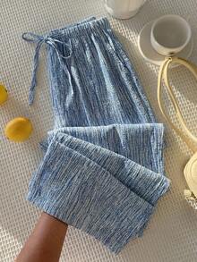 SHEIN MOD Quần ống rộng kiểu vintage dành cho nữ, thắt nơ eo, thoải mái và thanh lịch, thời trang, quần ống rộng nữ, quần nơ, quần đi nghỉ mát, phong cách Boho, xuân/hè, ngày Valentine, quần đi biển cho nữ, kỳ nghỉ hè, quần vải lanh, quần ống rộng, quần mùa hè, quần thường ngày cho nữ - Xanh và trắng - Xem 9