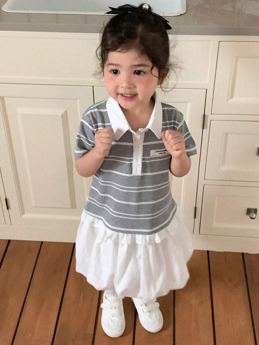 DAZY 女童条纹领连衣裙，韩版 - 灰色 - 查看 1