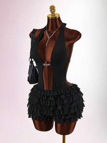 Amplova Sexy Black Lace Sheer Jumpsuit For Women - Black - View 3