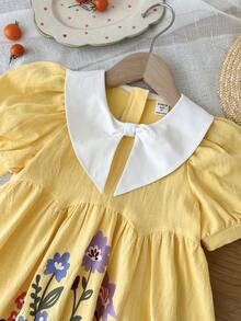 SHEIN LMoss Kids Young Girls French Elegant Floral Print Color Block Collar Petal Sleeve Dress, Young Girls - Multicolor - View 4
