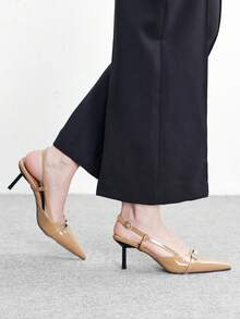 CUCCOO BIZCHIC Zapatos de mujer con tacón alto y sin respaldo, de cuero lacado de alta gama francés - Color del té con leche - Ver 5