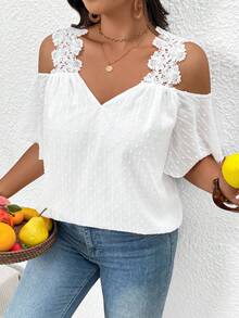SHEIN Frenchy Áo sơ mi nữ cỡ lớn, màu trơn, hở vai, kiểu dáng thường ngày, tay ngắn, thích hợp cho kỳ nghỉ hè. - trắng - Xem 2
