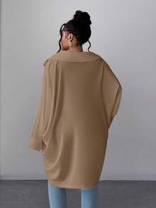 Maweii Plus Size Solid Color Asymmetric Collar Elegant Long Sleeve Blouse - Coffee Brown - View 5