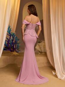Glamrae Elegant Lotus Pink Luxury 3D Pearl Sequin Off-Shoulder Asymmetrical Novel 3D Waist Handmade Beaded Dangling Flounce Fish Tail Hem Dress, Suitable For Dates, Vacations, Singles Parties, Weddings, Women's Evening Gowns - Dusty Pink - View 3