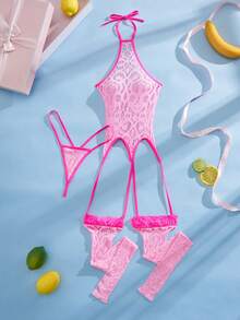 SHEIN Bộ 2 món đồ lót nữ gợi cảm, khoét lỗ, xuyên thấu, cổ yếm, kiểu băng quấn. - Hồng - Xem 8